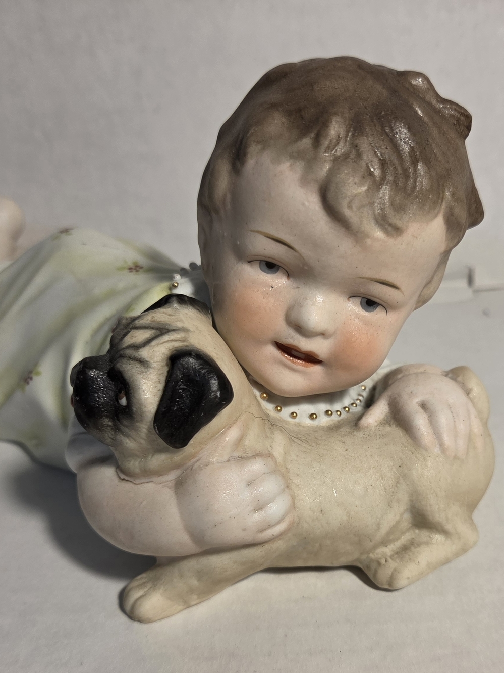 German Bisque Baby with Pug Puppy Dog Wavy Hair